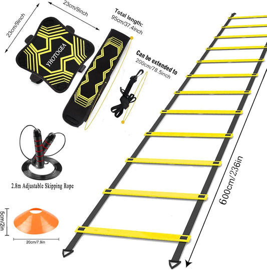 Football Training Equipment for Kids, Speed Agility Training Set, Agility Ladder 12 Rung 6M, Football Kick Trainer, 12 Disc Cones, Skipping Rope, Football Training Kit for Soccer Training