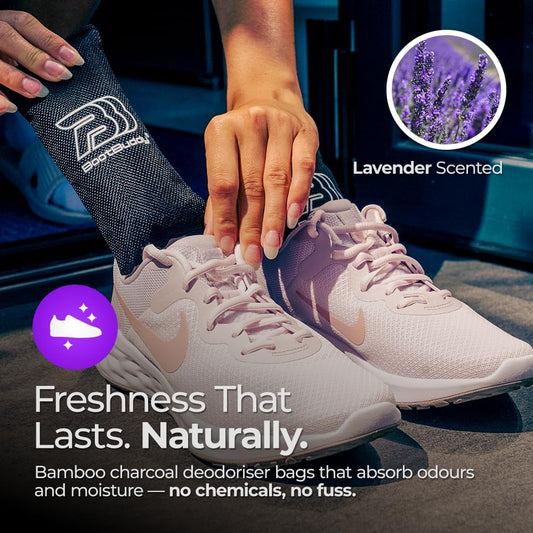 ® Shoe Deodoriser & Odour Eliminator – Powerful Smell Remover for Football Boots, Trainers, Shoes & Bags - Activated Charcoal Absorbs Moisture & Fights Bacteria - Reusable 2 Pack (Lavender)