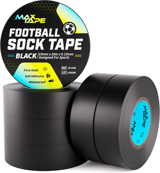 Football Sock Tape, Shin Pad Tape Bandage 19Mm X 20M Pack of 6 (Black)