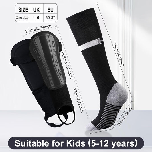 Kids Football Socks and Kids Shin Pads Aged 5-12, Shin Pads Boys Girls Football Socks Cushioned Knee High Breathable Soccer Sock for Junior