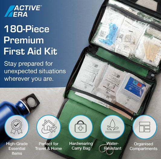 180 Piece Premium First Aid Kit Bag - Includes Eyewash, 2 X Cold (Ice) Packs and Emergency Car Blanket for Home, Office, Caravan, Workplace, Travel