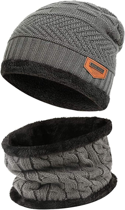 Mens Womens Winter Beanie Hat Scarf Set Warm Knit Hat Thick Fleece