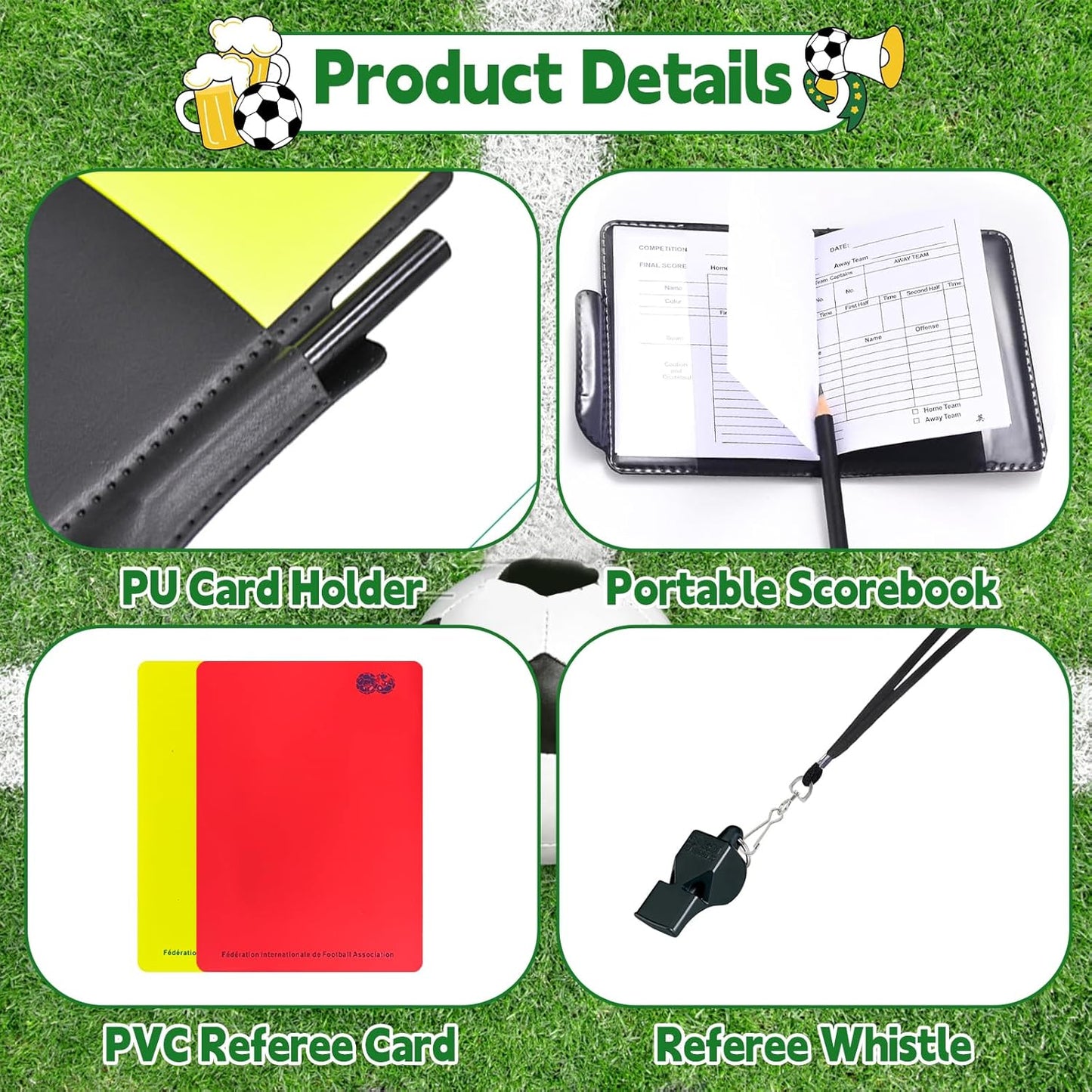 2 Football Referee Kit, Red and Yellow Football Referee Cards, Score Book with Pencil, Referee Whistle with Lanyard, Football Accessories for Sports Match