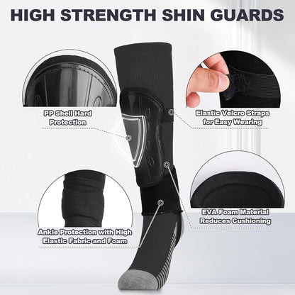 Kids Football Socks and Kids Shin Pads Aged 5-12, Shin Pads Boys Girls Football Socks Cushioned Knee High Breathable Soccer Sock for Junior