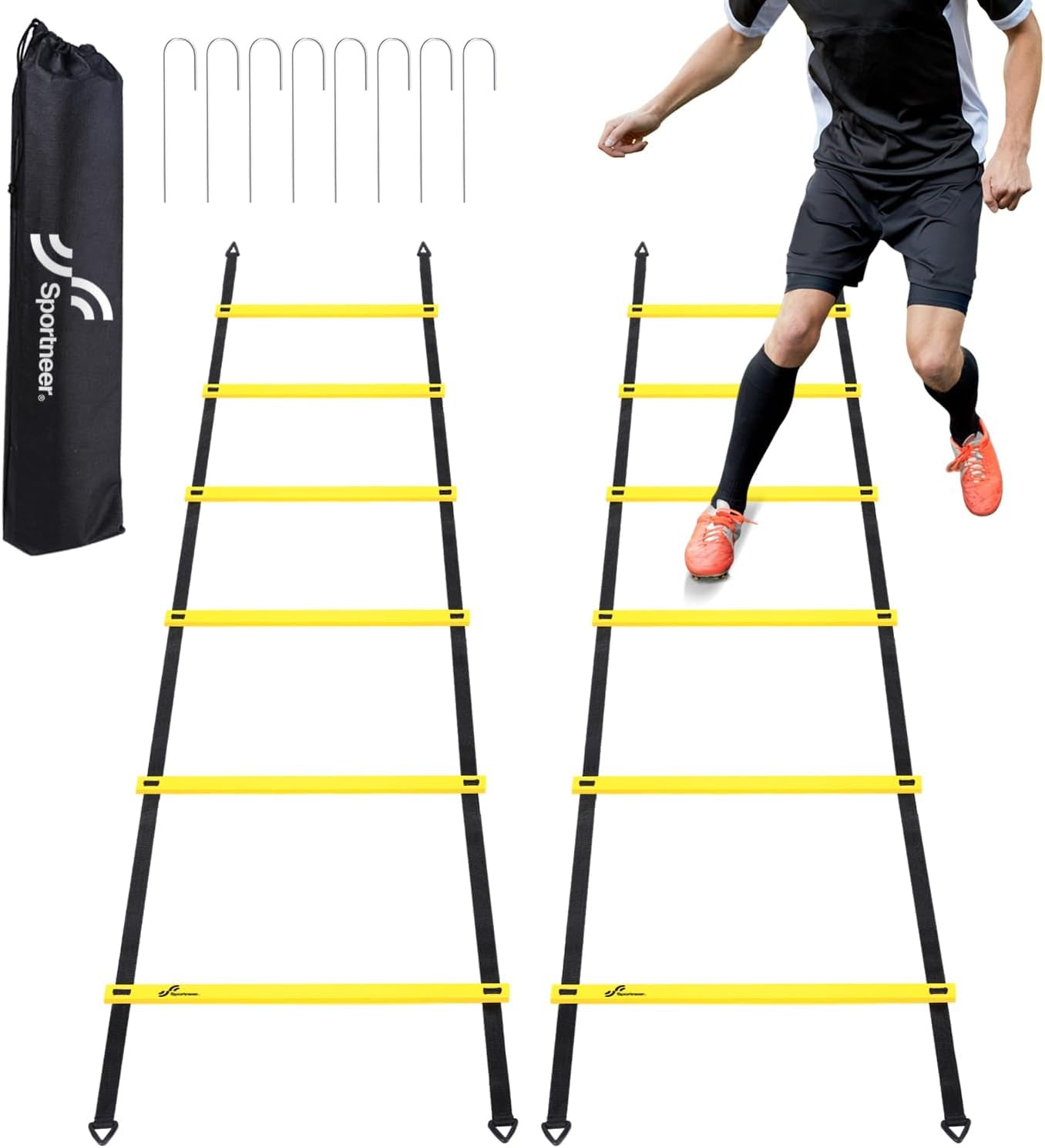 Agility Ladder Speed Training Set - 12 Rungs 20Ft Detachable Exercise Ladders in 2Pcs (6 Rungs Each) with Ground Stakes for Soccer Football Footwork Training - Ladder with Carry Bag
