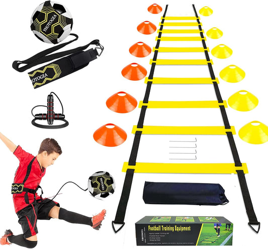 Football Training Equipment for Kids, Speed Agility Training Set, Agility Ladder 12 Rung 6M, Football Kick Trainer, 12 Disc Cones, Skipping Rope, Football Training Kit for Soccer Training