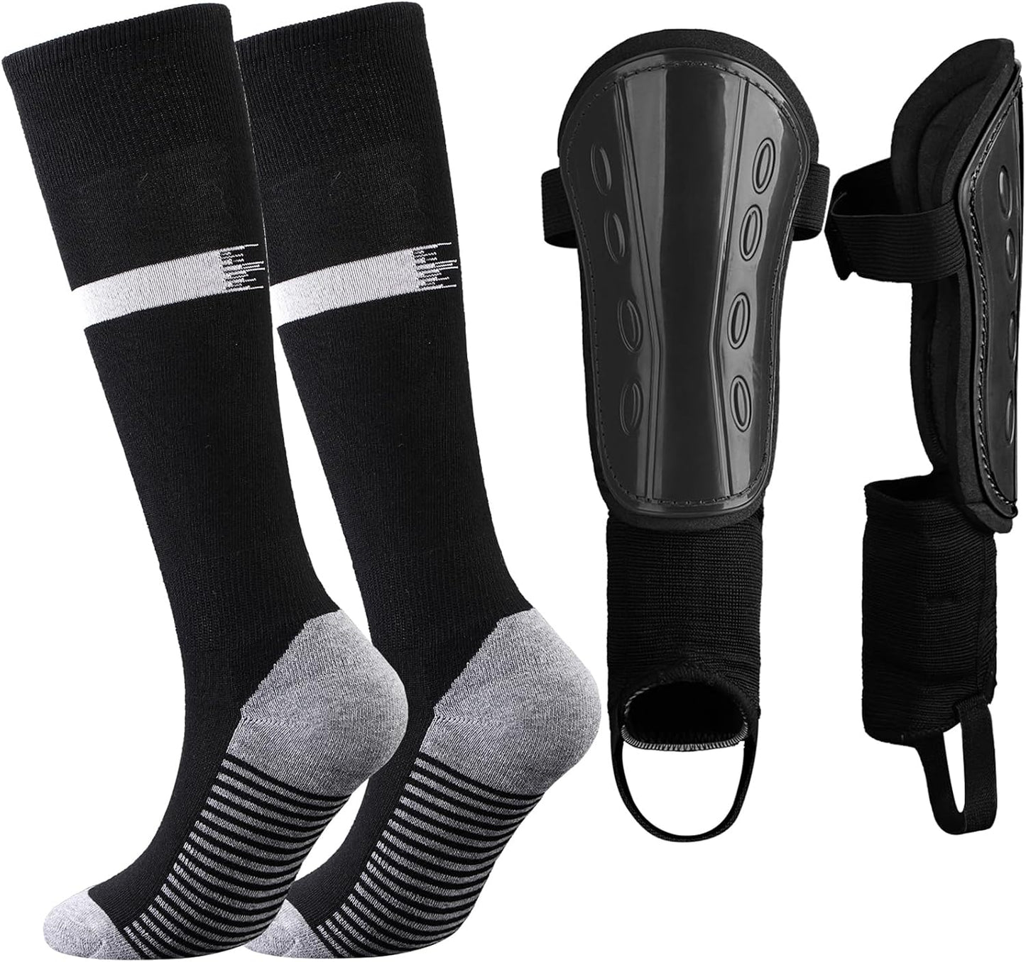 Kids Football Socks and Kids Shin Pads Aged 5-12, Shin Pads Boys Girls Football Socks Cushioned Knee High Breathable Soccer Sock for Junior