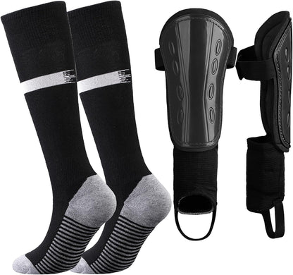 Kids Football Socks and Kids Shin Pads Aged 5-12, Shin Pads Boys Girls Football Socks Cushioned Knee High Breathable Soccer Sock for Junior