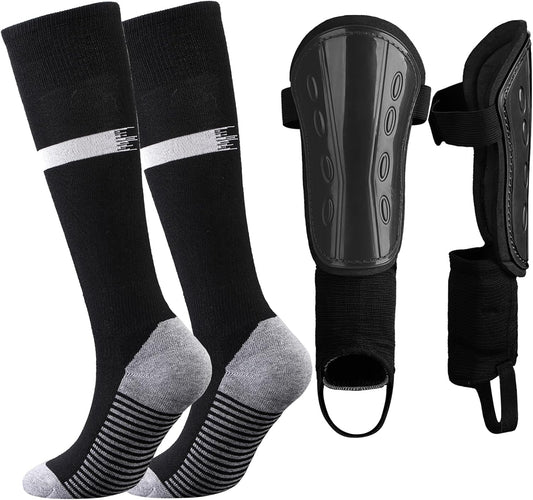 Kids Football Socks and Kids Shin Pads Aged 5-12, Shin Pads Boys Girls Football Socks Cushioned Knee High Breathable Soccer Sock for Junior