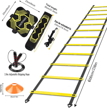 Football Training Equipment for Kids, Speed Agility Training Set, Agility Ladder 12 Rung 6M, Football Kick Trainer, 12 Disc Cones, Skipping Rope, Football Training Kit for Soccer Training