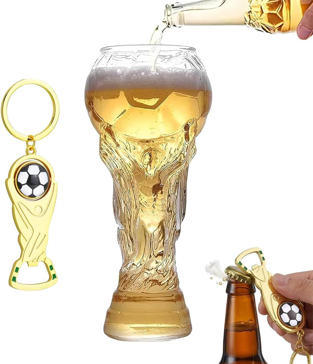 Trophy Style 560ML Beer Glass for 2026 World Cup, Large Beer Mug with Football Bottle Opener for 2026 Football Match Day Bar Watch Party & Gift for Father Men Soccer Fans