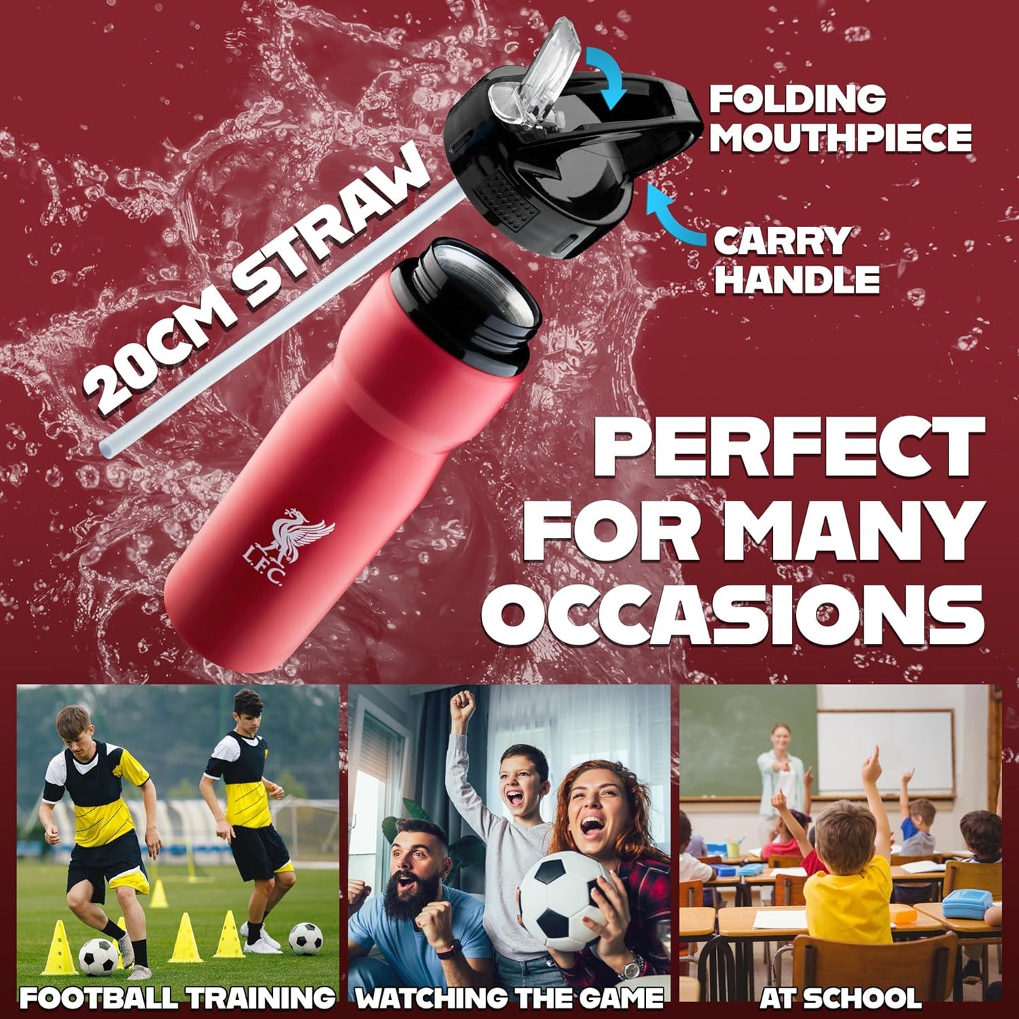 Liverpool FC Water Bottle with Straw - Metal Water Bottle for Football Fans Sports Work School Gym Liverpool Gifts for Men