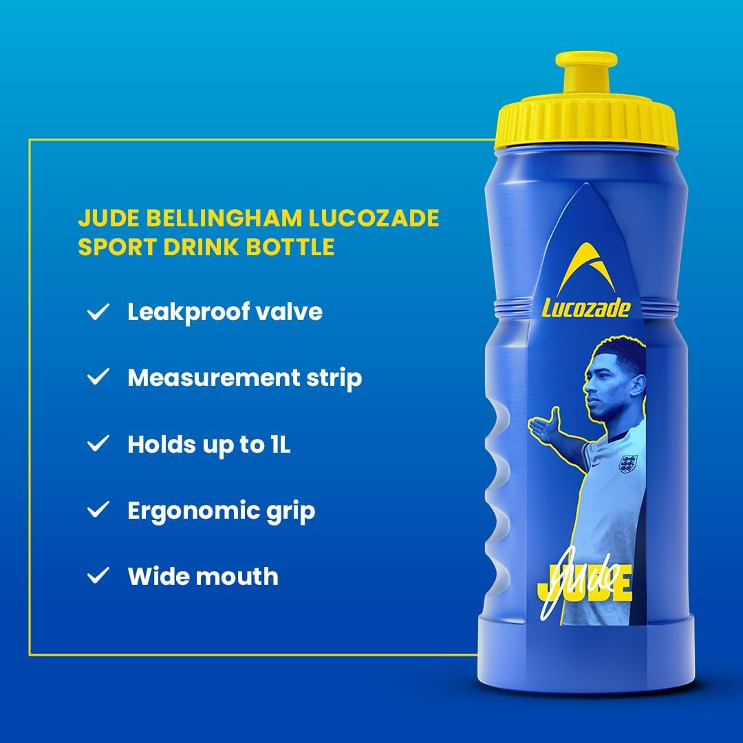 Sport X Jude Bellingham England Football 1L Sports Water Bottle – Leak Proof, with Sports Cap & Measuring Strip, in Yellow & Blue