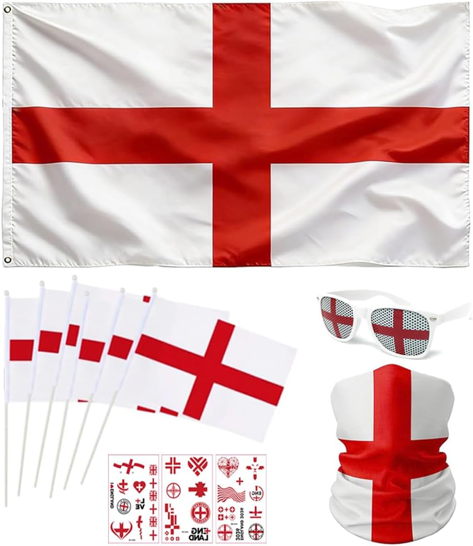 World Cup Decoration Set 2026 for England Fan with Large St Georges Flag 150 × 90Cm, Headwear Glasses Handheld England Flag Sticker for England World Cup Football Theme Party