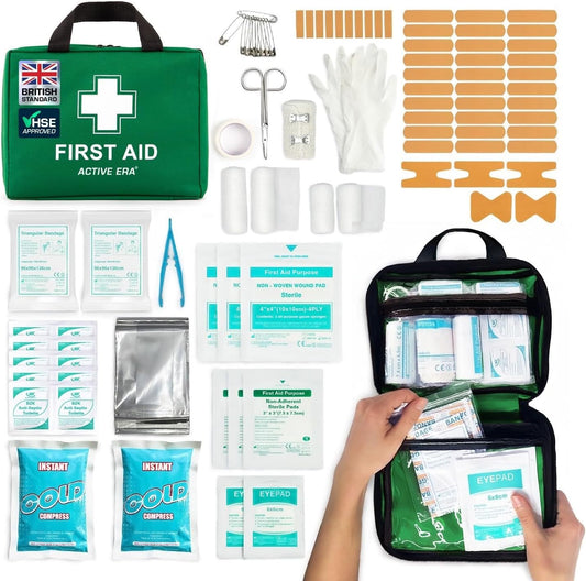 Mini First Aid Kit Bag - 90 Items - Includes Plasters, Eyewash, Gloves, 2 X Cold (Ice) Packs and Emergency Blanket for Kids, Camping, Office, Car, Caravan, Workplace, Travel Home