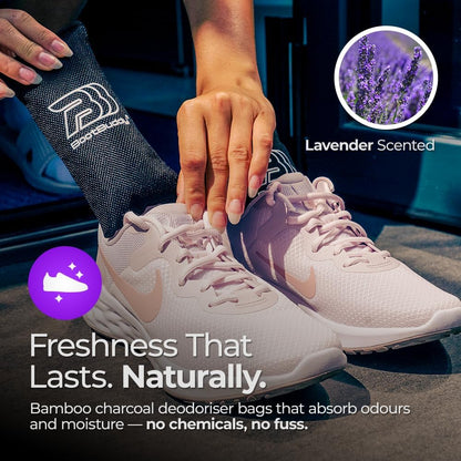 ® Shoe Deodoriser & Odour Eliminator – Powerful Smell Remover for Football Boots, Trainers, Shoes & Bags - Activated Charcoal Absorbs Moisture & Fights Bacteria - Reusable 2 Pack (Lavender)