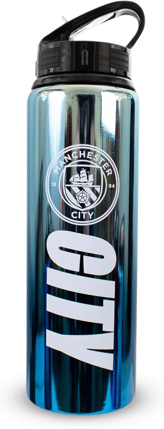 Officially Licensed Manchester City F.C 750Ml Aluminium UV Sports Water Bottle – Man City Water Bottle with Integrated Folding Straw - Neochrome Finish, Leakproof, Lightweight, BPA Free