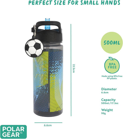 Football 500Ml Kids Water Bottle with Straw - Back to School Supplies, Drinks Bottle with Keyring Charm, Black & White