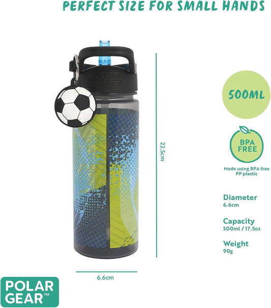 Football 500Ml Kids Water Bottle with Straw - Back to School Supplies, Drinks Bottle with Keyring Charm, Black & White