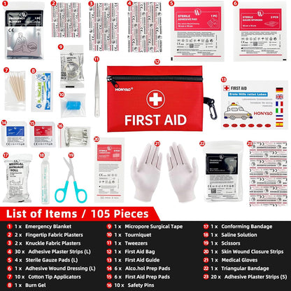 First Aid Kit, 105 Pieces Small First Aid Kit, Includes Plasters, Emergency Foil Blanket, Burn Gel, Eyewash for Travel Car Home Workplace Kids Camping Hiking Motorbike Holiday, Red