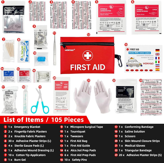 First Aid Kit, 105 Pieces Small First Aid Kit, Includes Plasters, Emergency Foil Blanket, Burn Gel, Eyewash for Travel Car Home Workplace Kids Camping Hiking Motorbike Holiday, Red