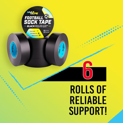 Football Sock Tape, Shin Pad Tape Bandage 19Mm X 20M Pack of 6 (Black)
