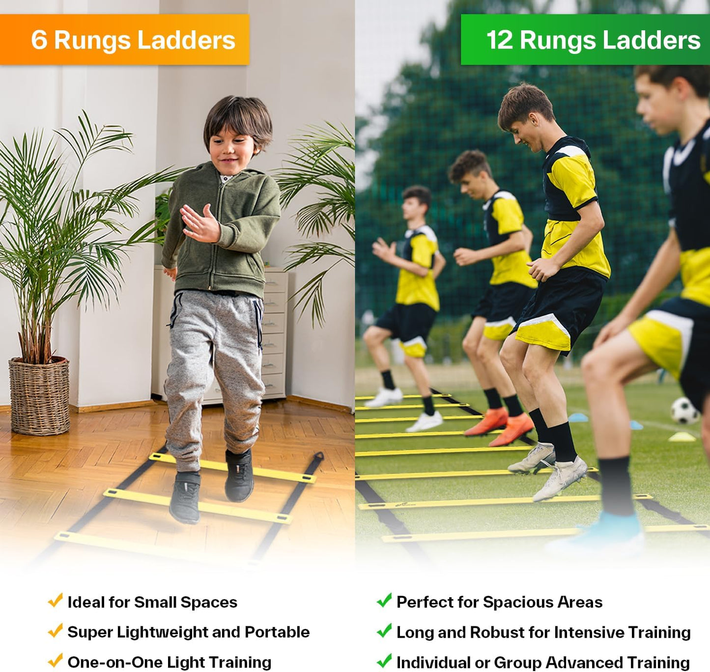 Agility Ladder Speed Training Set - 12 Rungs 20Ft Detachable Exercise Ladders in 2Pcs (6 Rungs Each) with Ground Stakes for Soccer Football Footwork Training - Ladder with Carry Bag