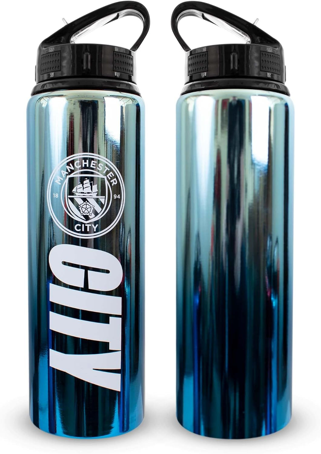 Officially Licensed Manchester City F.C 750Ml Aluminium UV Sports Water Bottle – Man City Water Bottle with Integrated Folding Straw - Neochrome Finish, Leakproof, Lightweight, BPA Free