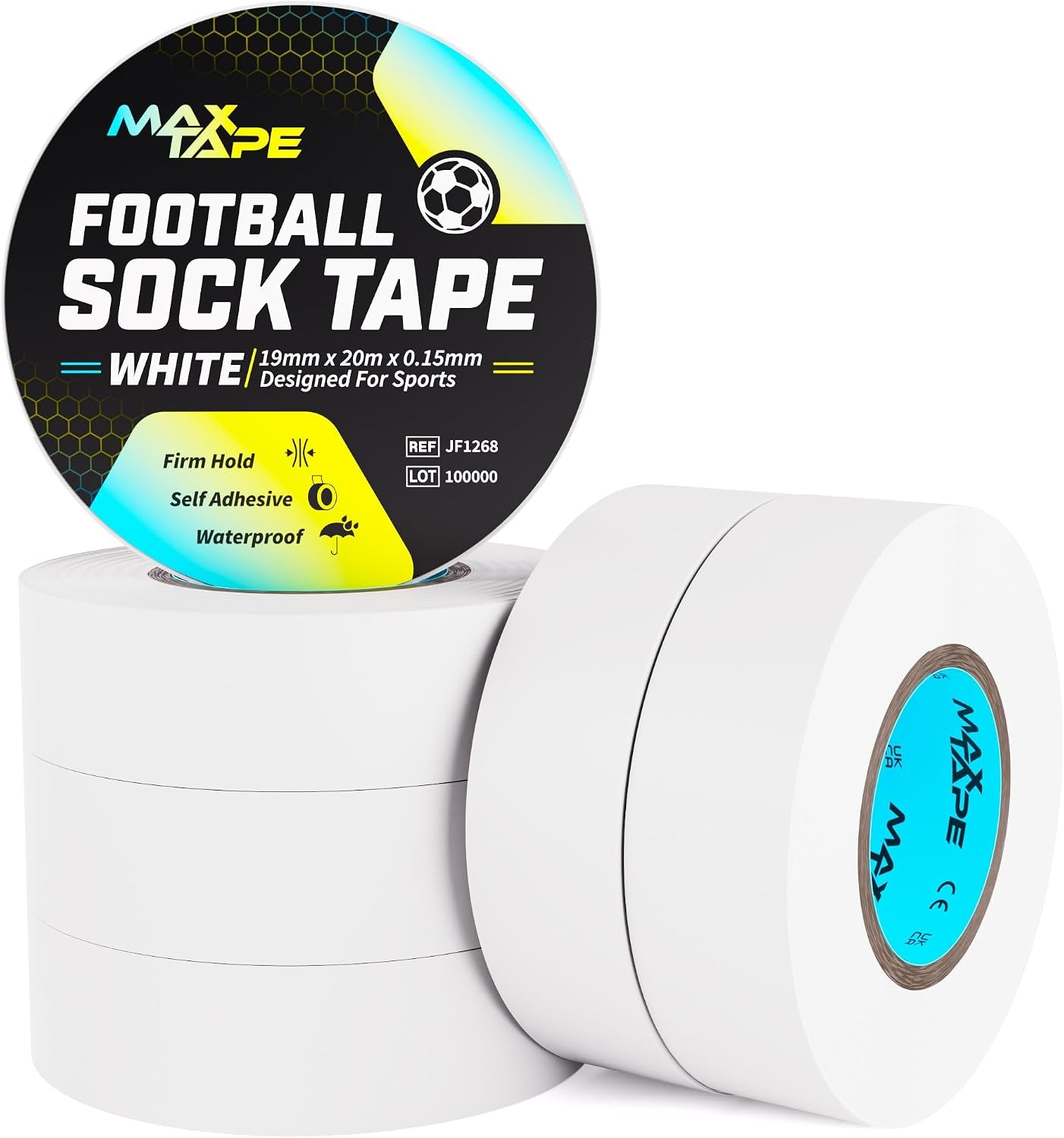 Football Sock Tape, Shin Pad Tape Bandage 19Mm X 20M Pack of 6 (White)