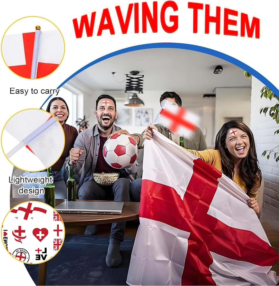 World Cup Decoration Set 2026 for England Fan with Large St Georges Flag 150 × 90Cm, Headwear Glasses Handheld England Flag Sticker for England World Cup Football Theme Party