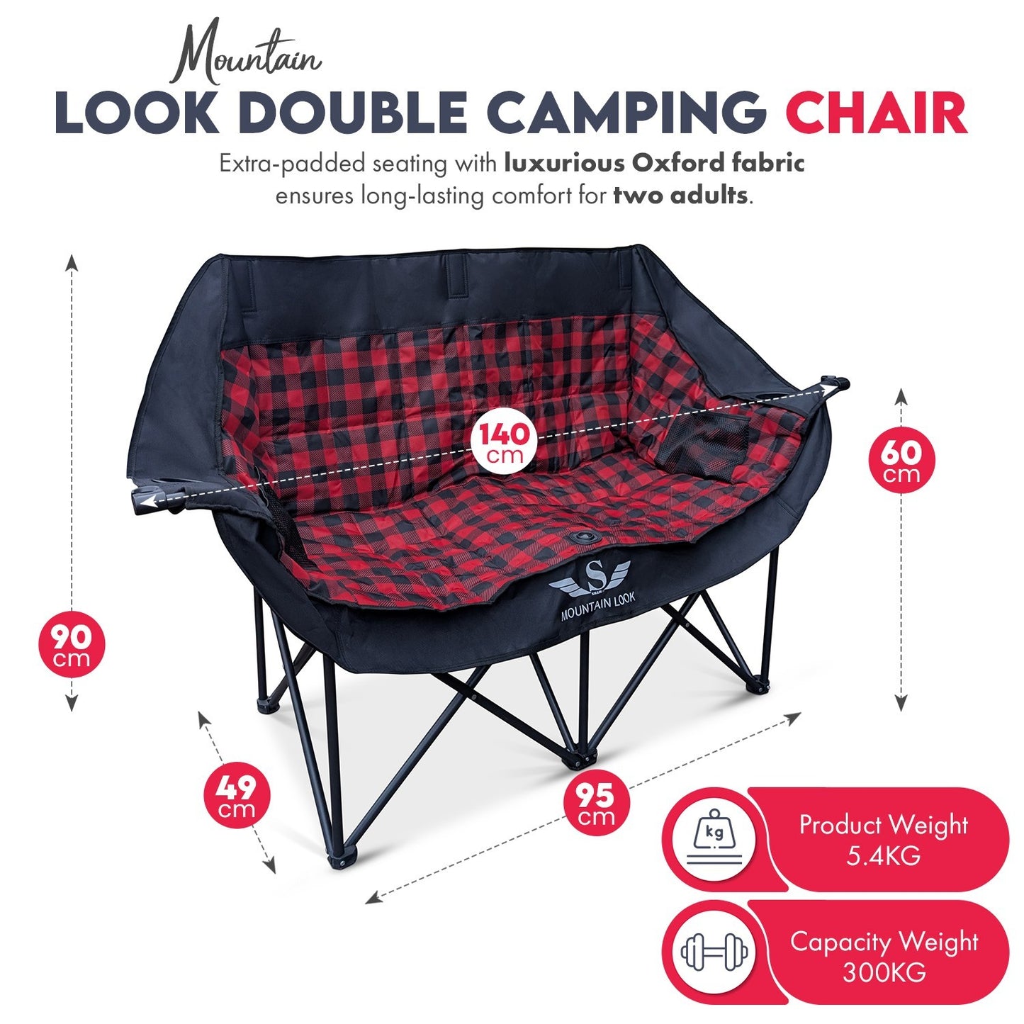 Double Camping Chair,Folding Padded 2 Seater Portable Chair, Oxford Fabric