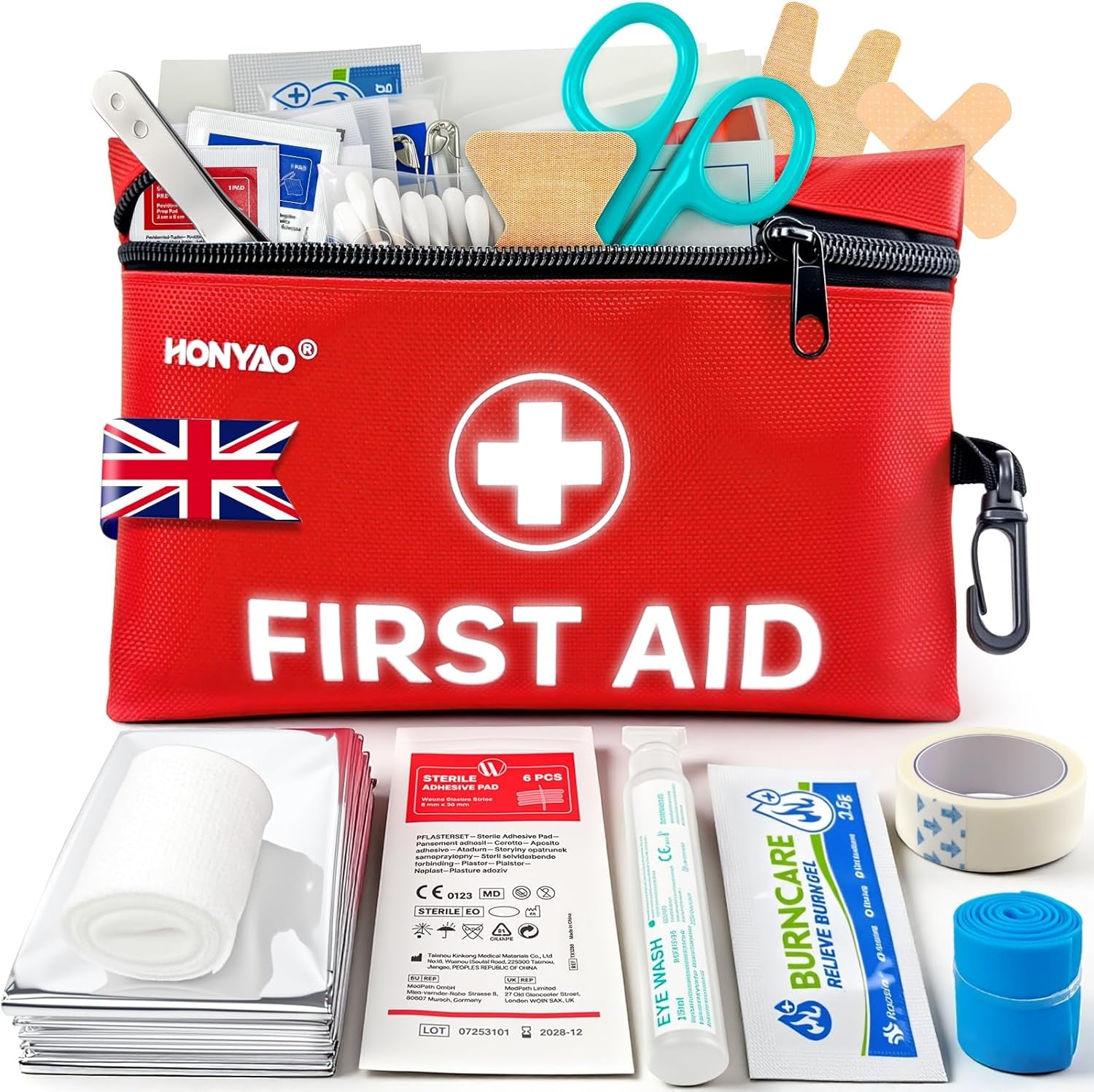 First Aid Kit, 105 Pieces Small First Aid Kit, Includes Plasters, Emergency Foil Blanket, Burn Gel, Eyewash for Travel Car Home Workplace Kids Camping Hiking Motorbike Holiday, Red