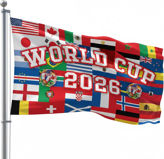 World Cup Football 2026 Flags 5Ft X 3Ft with Eyelets Large International Flags Football Decoration for Table Wall Garden Street Indoor Outdoor Party Decor for Match Days, World Cup Theme Party
