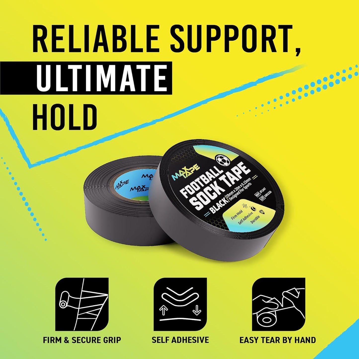 Football Sock Tape, Shin Pad Tape Bandage 19Mm X 20M Pack of 6 (Black)