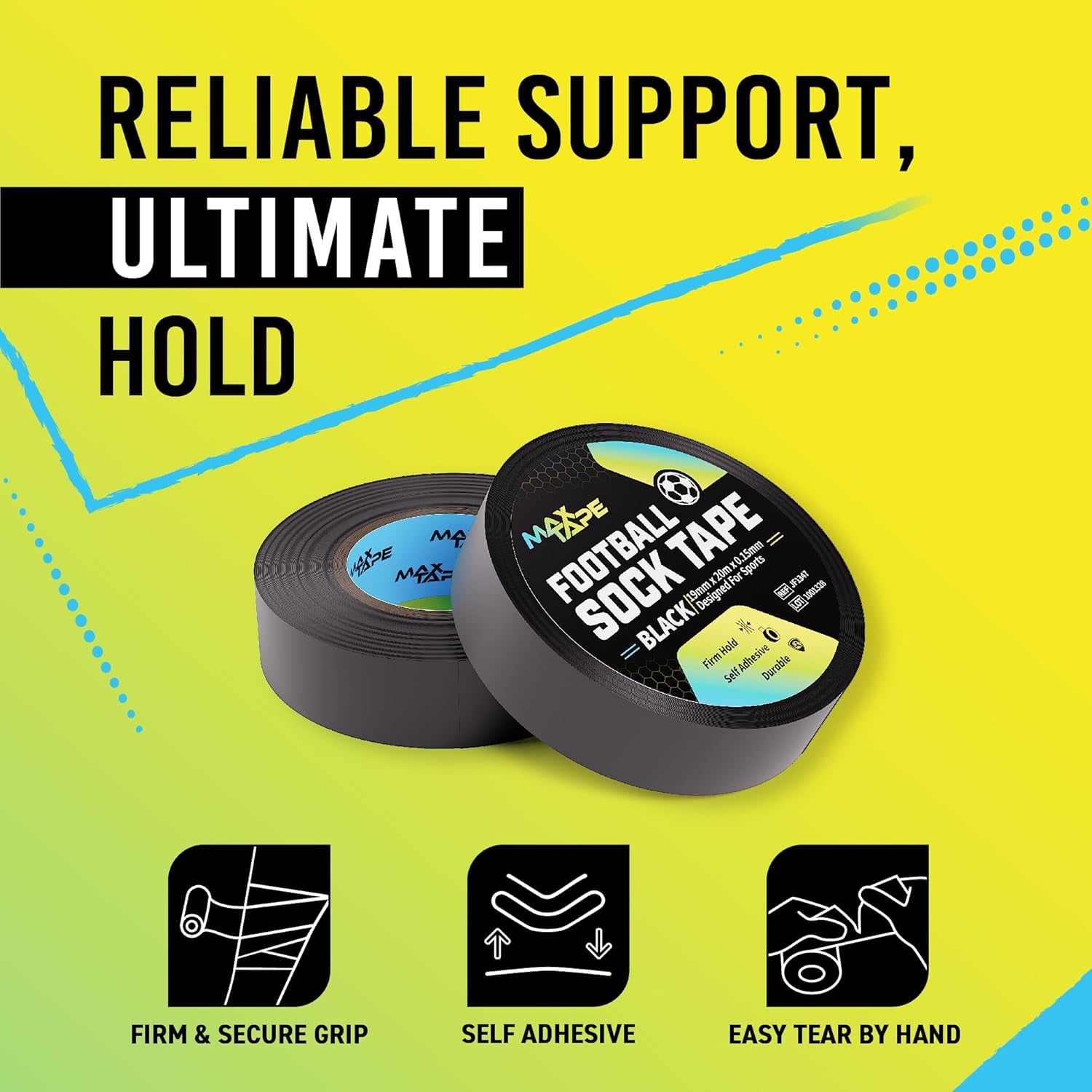 Football Sock Tape, Shin Pad Tape Bandage 19Mm X 20M Pack of 6 (Black)