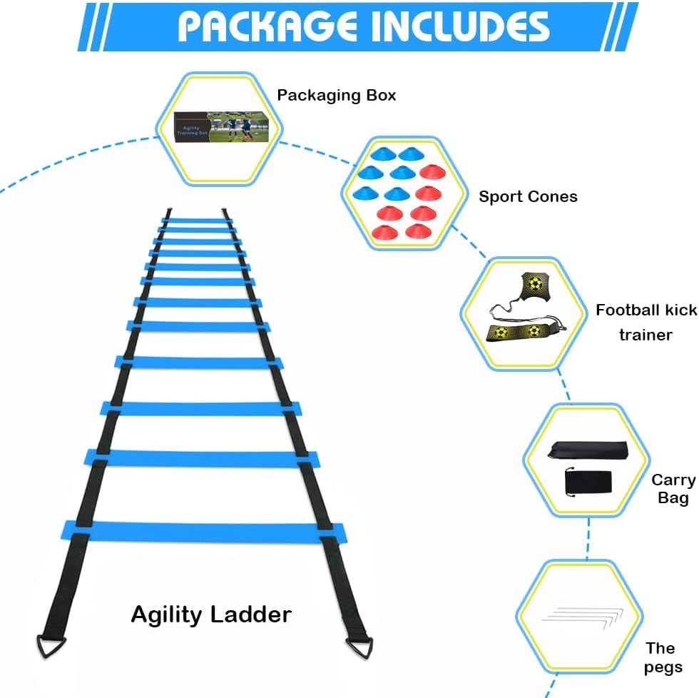 Football Training Equipment for Kids, Speed Agility Training Set, Agility Ladder 12 Rung 6M, Football Kick Trainer, 12 Disc Cones, Football Training Kit Gifts for Boys