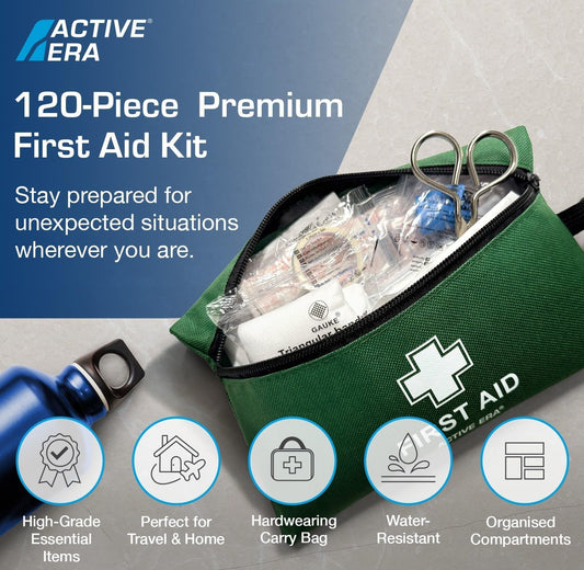 120 Piece Premium First Aid Kit Travel Bag - Includes Bandages and Dressings, Extra-Strong Metal Scissors and Emergency Car Blanket for Home, Office, Caravan, Workplace