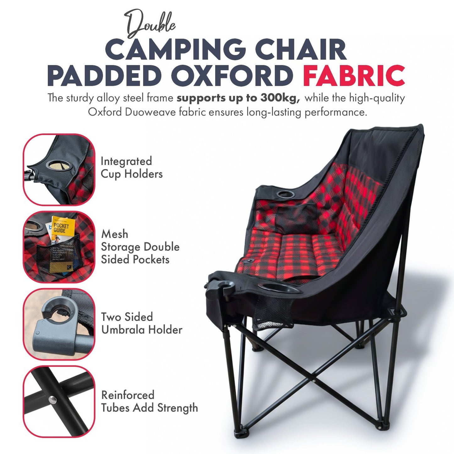 Double Camping Chair,Folding Padded 2 Seater Portable Chair, Oxford Fabric