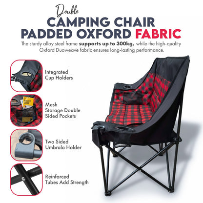 Double Camping Chair,Folding Padded 2 Seater Portable Chair, Oxford Fabric