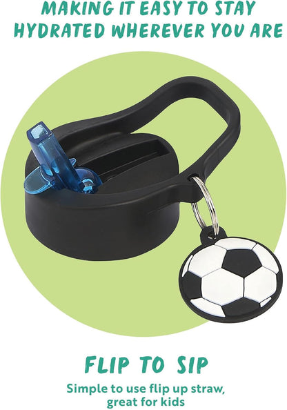 Football 500Ml Kids Water Bottle with Straw - Back to School Supplies, Drinks Bottle with Keyring Charm, Black & White