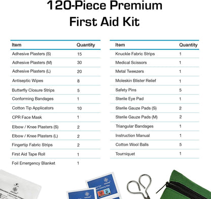 120 Piece Premium First Aid Kit Travel Bag - Includes Bandages and Dressings, Extra-Strong Metal Scissors and Emergency Car Blanket for Home, Office, Caravan, Workplace
