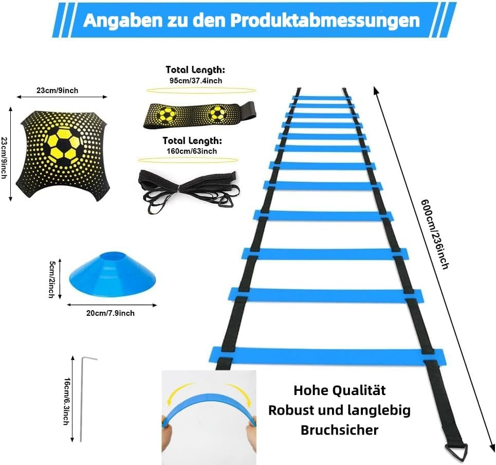 Football Training Equipment for Kids, Speed Agility Training Set, Agility Ladder 12 Rung 6M, Football Kick Trainer, 12 Disc Cones, Football Training Kit Gifts for Boys
