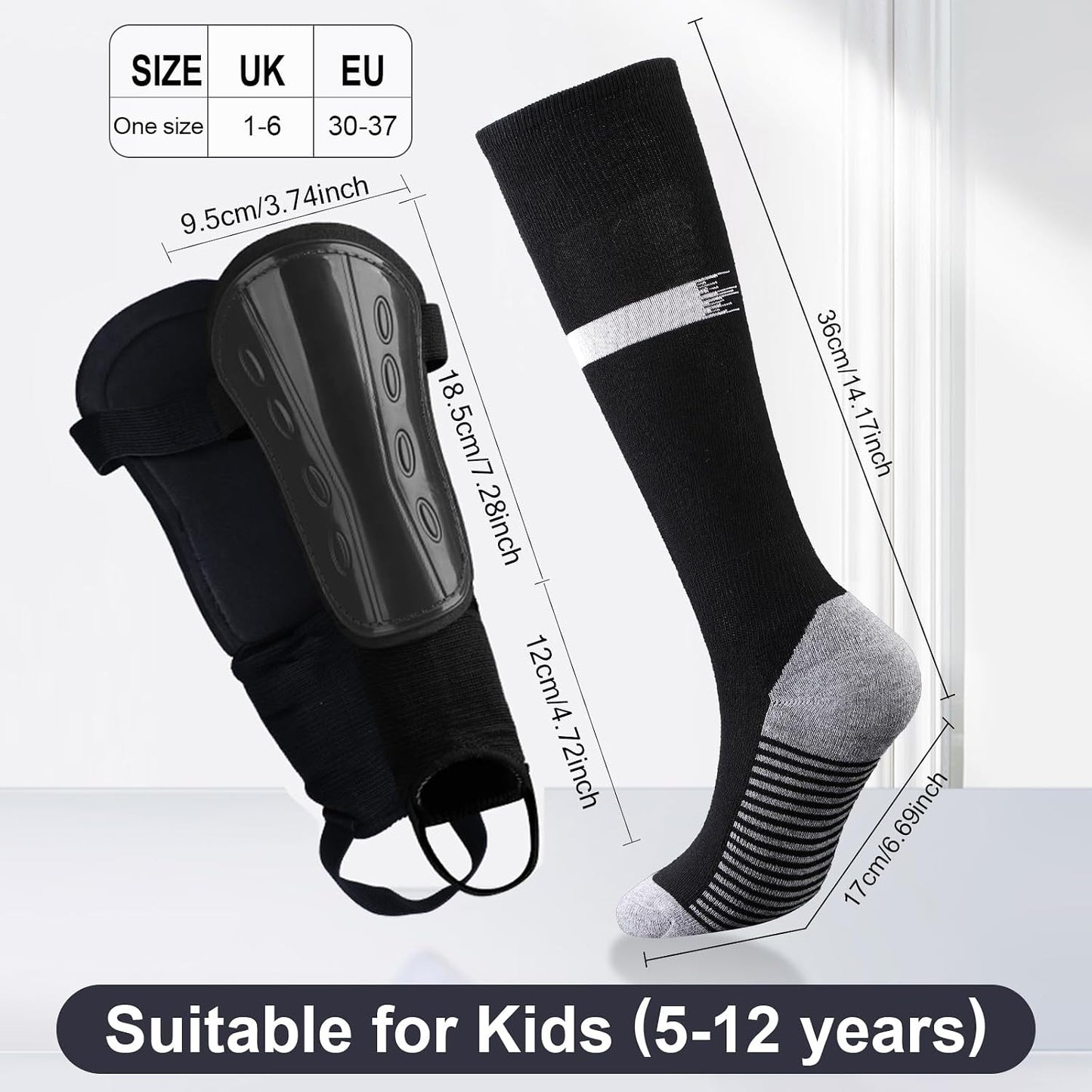 Kids Football Socks and Kids Shin Pads Aged 5-12, Shin Pads Boys Girls Football Socks Cushioned Knee High Breathable Soccer Sock for Junior