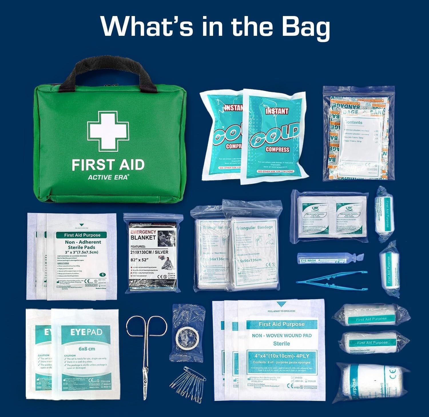 Mini First Aid Kit Bag - 90 Items - Includes Plasters, Eyewash, Gloves, 2 X Cold (Ice) Packs and Emergency Blanket for Kids, Camping, Office, Car, Caravan, Workplace, Travel Home