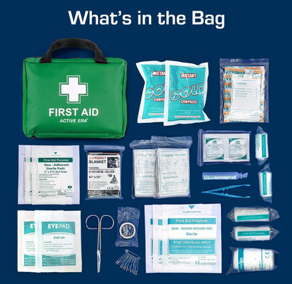 Mini First Aid Kit Bag - 90 Items - Includes Plasters, Eyewash, Gloves, 2 X Cold (Ice) Packs and Emergency Blanket for Kids, Camping, Office, Car, Caravan, Workplace, Travel Home
