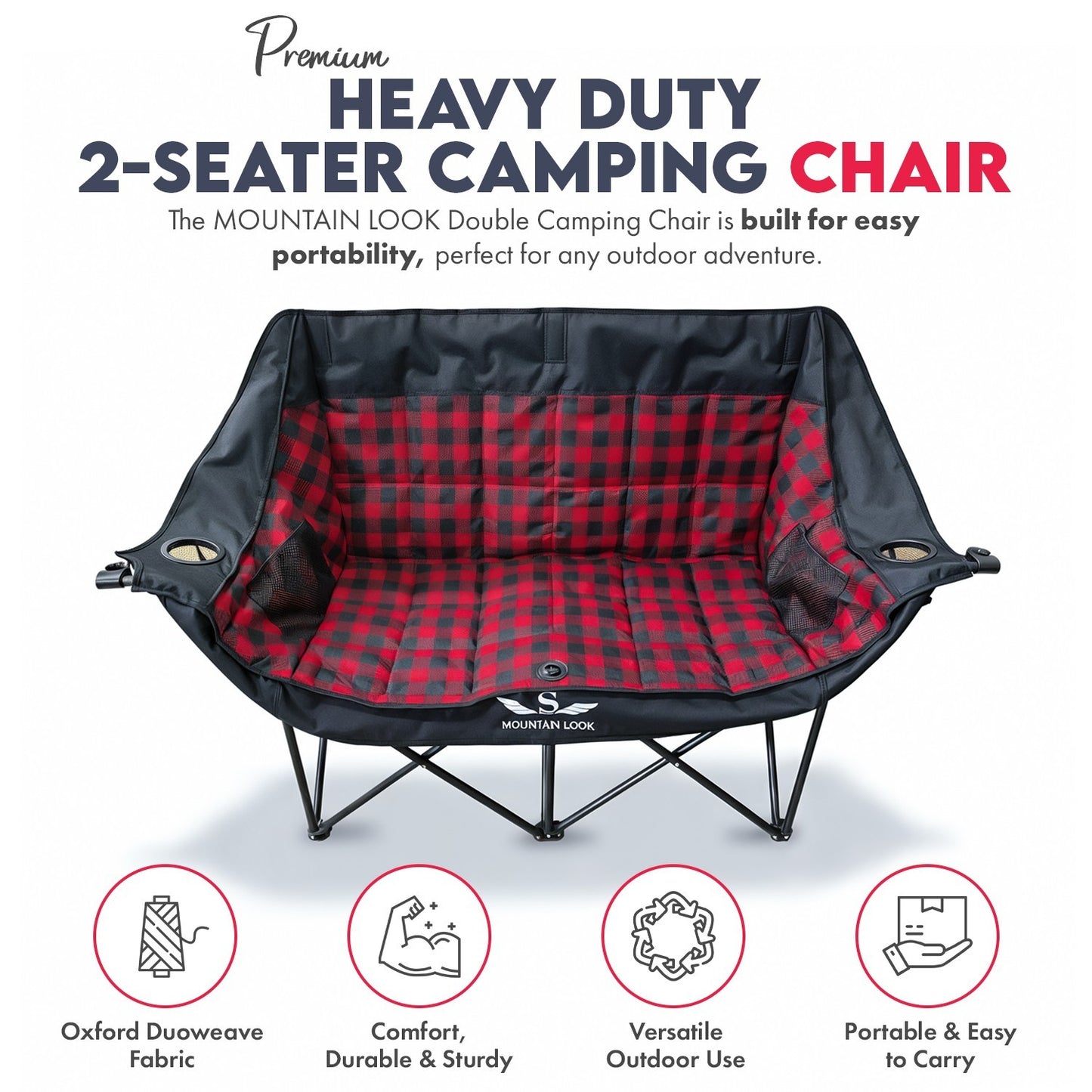 Double Camping Chair,Folding Padded 2 Seater Portable Chair, Oxford Fabric
