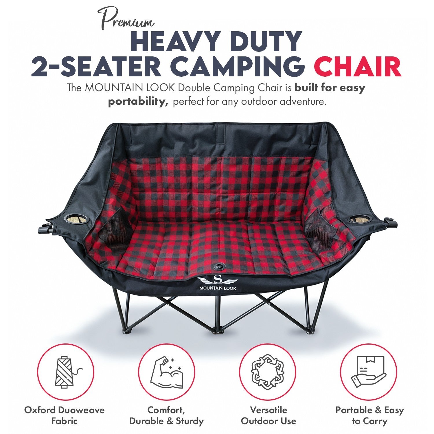 Double Camping Chair,Folding Padded 2 Seater Portable Chair, Oxford Fabric