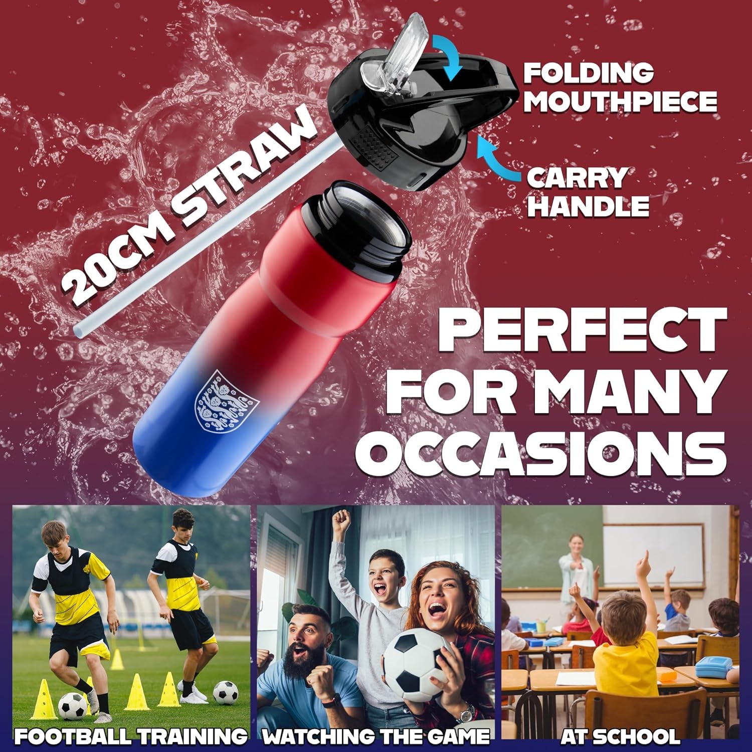Water Bottle with Straw - Metal Water Bottle for Football Fans Sports Work School Gym Football Gifts for Him