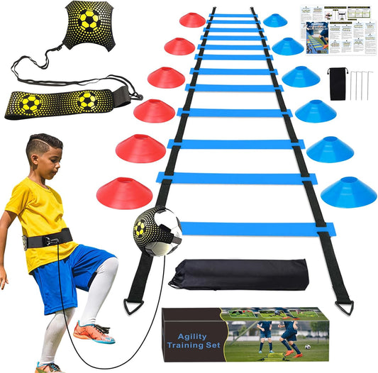 Football Training Equipment for Kids, Speed Agility Training Set, Agility Ladder 12 Rung 6M, Football Kick Trainer, 12 Disc Cones, Football Training Kit Gifts for Boys