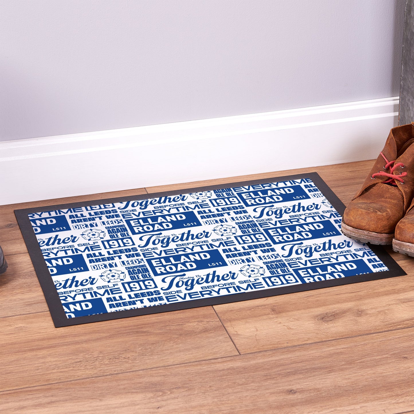 Leeds - Word Montage - White & Blue Door Mat - 60cm x 40cm